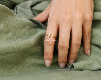 Letter P Initial Ring, Dainty Solid Letter Open Band, Mini