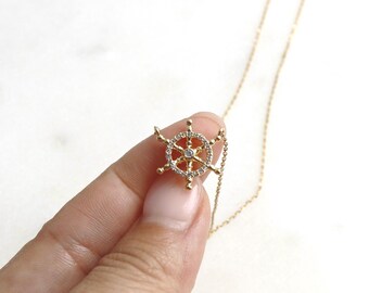 Ship Wheel Charm Necklace, Gold Dipped, Fishing, Crystal Nautical Sailboat Rudder, Boat Sail Sea Minimal Coastal Jewelry, Bridesmaid Gift