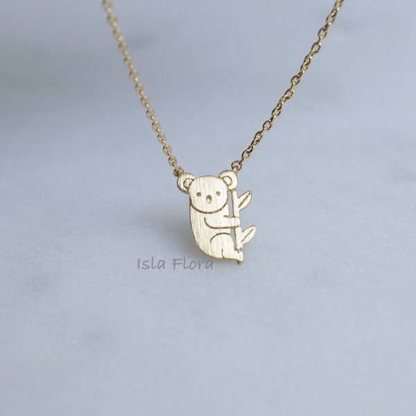 Collier ours koala plongé en or 18 carats, tenant un adorable charme inspiré de la nature en eucalyptus, bijoux minimalistes fins délicats, cadeau de demoiselle d'honneur