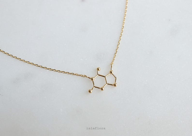 Caffeine Molecule Necklace, The 'Wake Up' Hormone, Gold, Silver, Fine Delicate, Minimalist Jewelry Dainty Necklace Charm Scientist Gift