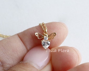 Beautiful Tiny Heart Crystal Bee Cutout Wing Necklace, Gold Plated Dainty Minimalist Jewelry, bridesmaid, Quality Delicate Friend Her Gift