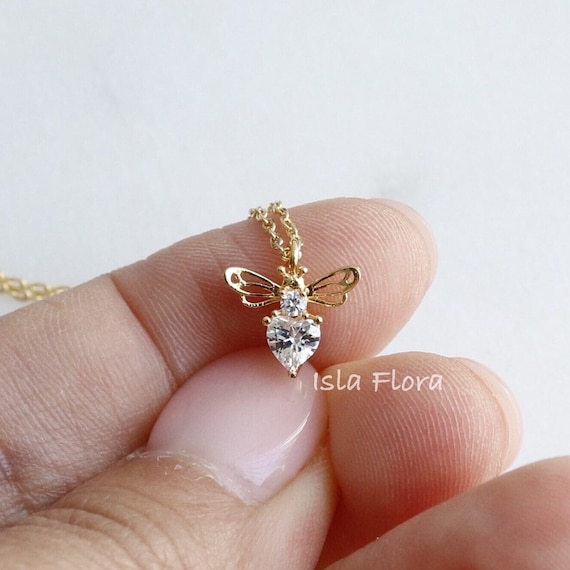 Beautiful Tiny Heart Crystal Bee Cutout Wing Necklace, Gold
