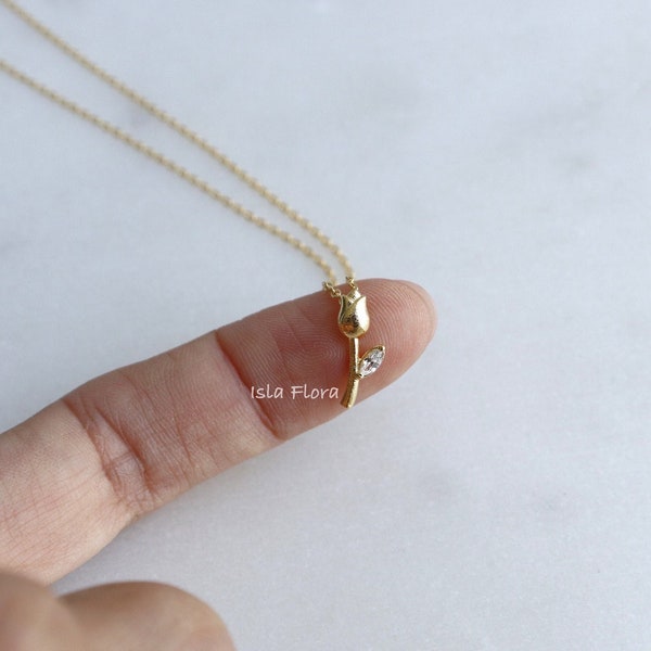 18k Gold Dipped Dainty Tulip Flower with Crystal Leaf Necklace, Minimalist Quality Jewelry, bridesmaid, Mother, Delicate Fine Layering Gift