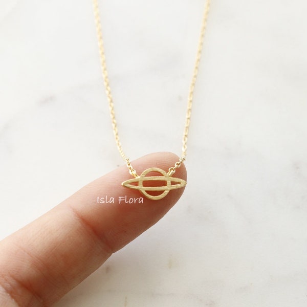 18k Gold Dipped Brushed Gold Saturn Planet Pendant Necklace, Love Space, Dainty Minimalist Jewelry, bridesmaid Best Friend Gift