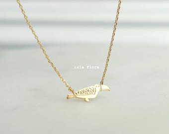 Toucan Bird Pendant Necklace, Totem Animal, Dainty Brushed Gold Dipped Jewelry, Bridesmaid, Fine Detail, Tropical Bird Lover Travel Gift