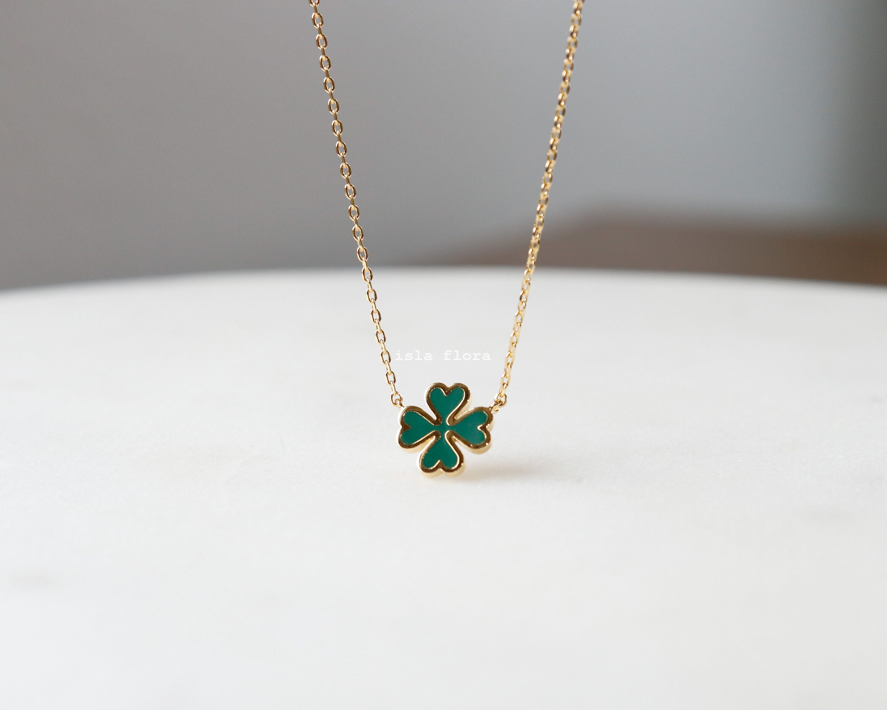 Emerald Green 4 Leaf Clover Necklace 18K Gold Dipped Dainty Emerald Green 4 Leaf Clover Necklace 18K Gold Dipped Dainty