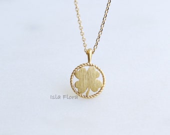 18k Gold Dipped Four Leaf Clover Vine Circle Necklace, Lucky Charms, Statement Piece, Dainty Delicate Minimalist Jewelry, bridesmaid Gift