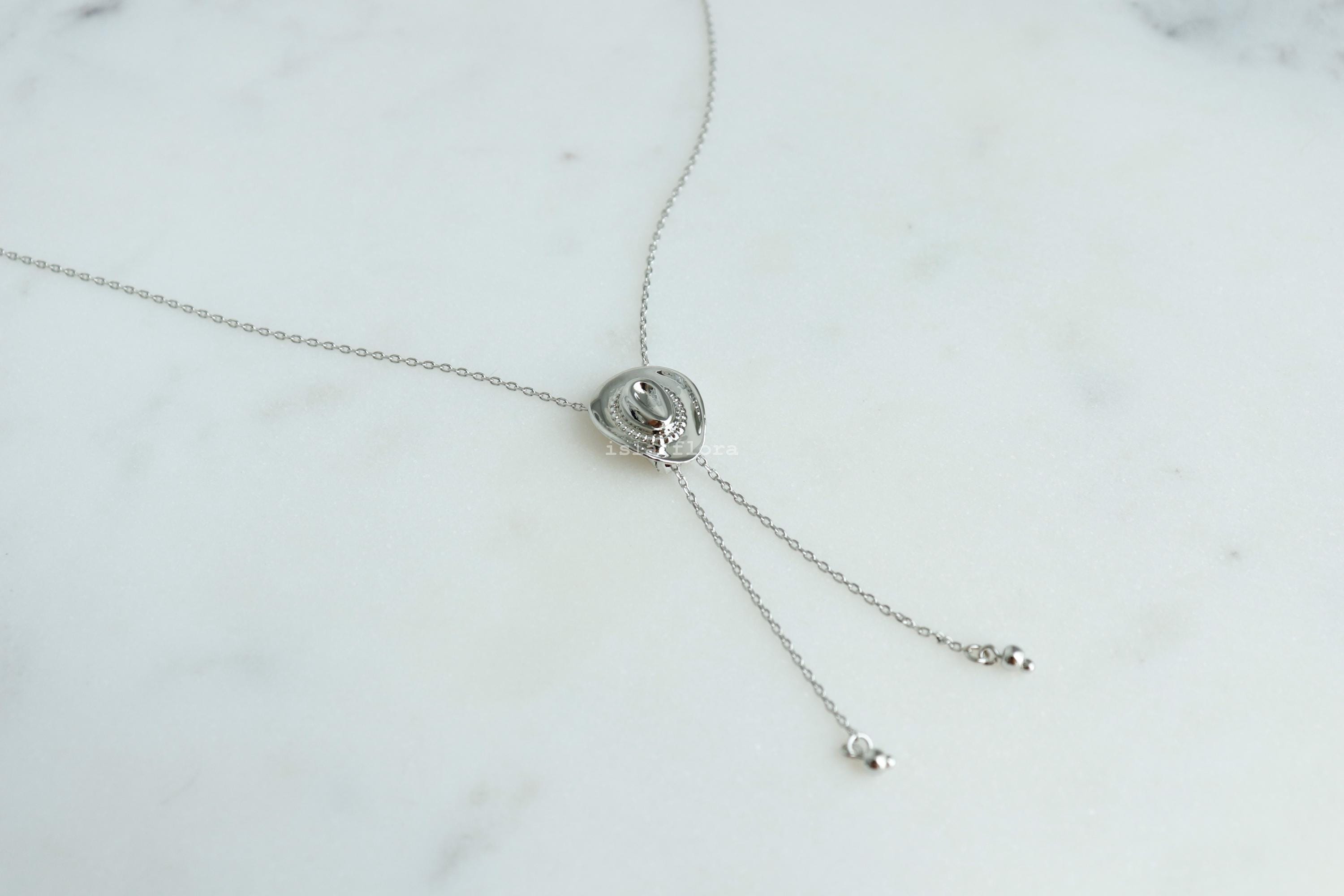 Dainty Cowboy Cowgirl Hat Pendant 29&quot; Bolo Long Chain Necklace, Gold Silver Western, Boots, Country, Minimal Jewelry bridesmaid Her Gift
