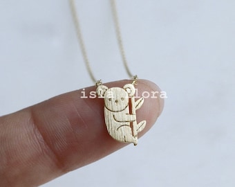 Cute Koala Bear Necklace, Dainty Joey Holding Eucalyptus, Gold Plated Charm, Delicate Fine Minimalist Jewelry, bridesmaid Gift