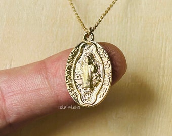 St. Benedict of Nursia Oval Charm Necklace, Gold Dip Protection & Spiritual Strength, Fine Delicate, Minimalist Jewelry, Dainty Gift Her