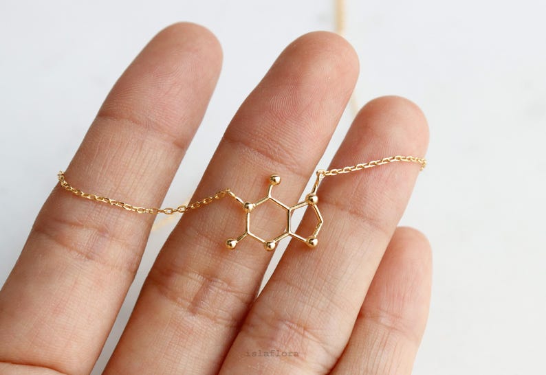 Caffeine Molecule Necklace, The 'Wake Up' Hormone, Gold, Silver, Fine Delicate, Minimalist Jewelry Dainty Necklace Charm Scientist Gift