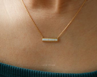 Opal Framed Stone Rectangle Bar Pendant Necklace Boho Delicate, Holistic Fine Minimalist Jewelry, bridesmaid Aesthetic Her Gift