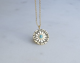Astrology Medallion Necklace, Blue Turquoise Accent Sun Universal Zodiac, Celestial Energy, Minimalist Jewelry, Bridesmaid Friend Gift