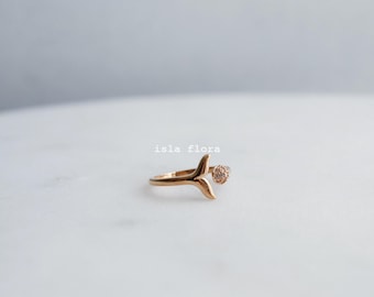 Fish Tail Wrap Ring with Crystal Paved Ball, Adjustable Size, Dolphin Gold Dipped Detailed, Whale Tail Sparkling, Dainty, Minimalist, Gift