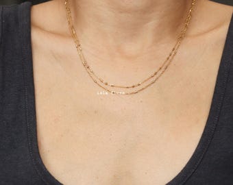 Double Layer Chain Link Necklace, Gold Dipped Dainty Layered Choker, Tiny Ball Beads, Minimalist Jewelry, bridesmaid Bestie Gift