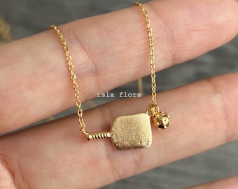 Dainty Dangling PickleBall Necklace, Gold, Silver Pickle ball Cute Paddle & Ball Set 18K Plated, Sports Jewelry, Bridesmaid Hobby Gift
