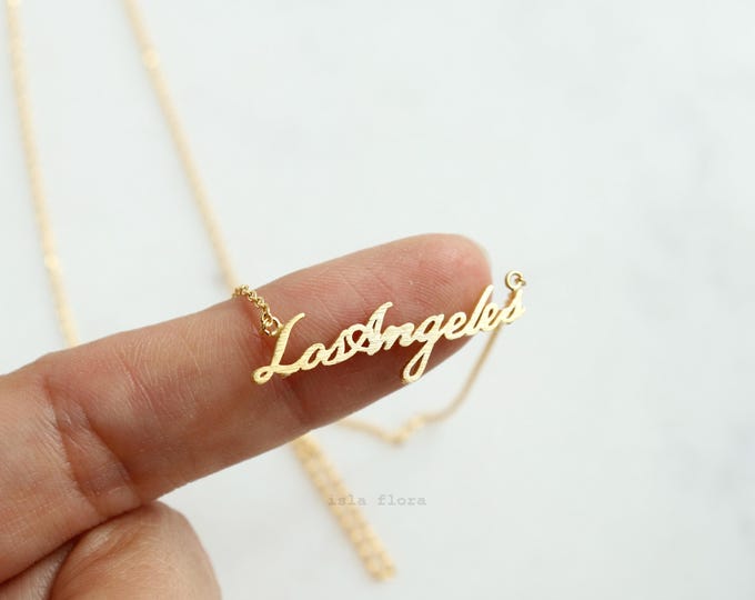 Cursive Los Angeles Double Pendant Necklace, LA Westcoast Statement Stacking, Plated Chain, Dainty Minimalist Jewelry, bridesmaid Gift
