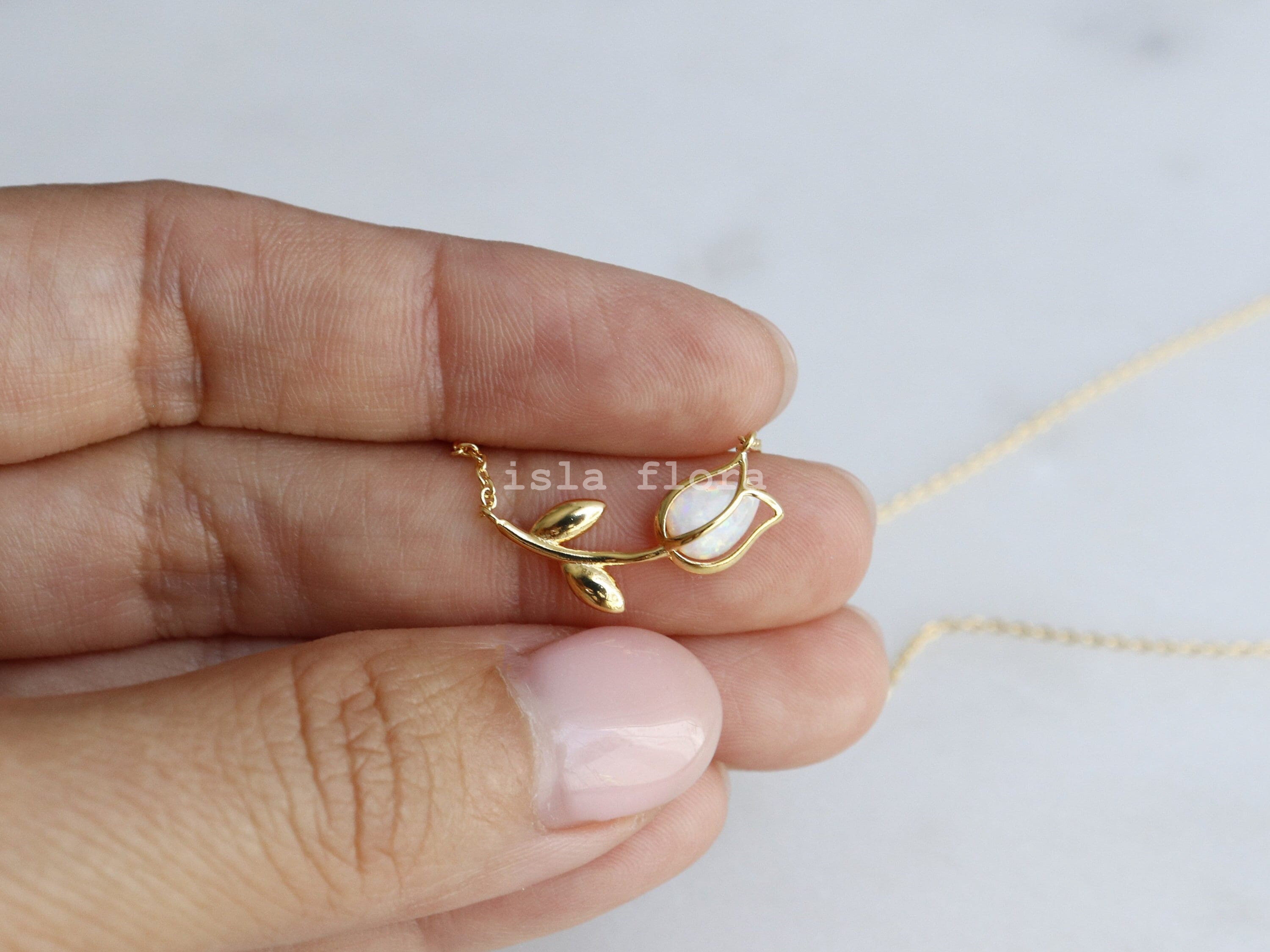 Dainty Encased Opal Tulip Wrap Necklace, Aesthetic, Simple, Gold, Silver Elegant, Minimal Jewelry, bridesmaid, Delicate, Layering Her Gift