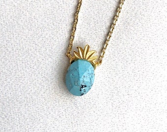 Tiny Stone Pineapple Necklace, Marble Howlite White, Turquoise Aqua Blue Dainty Minimalist Jewelry, stacking, bridesmaid, Vacation Gift