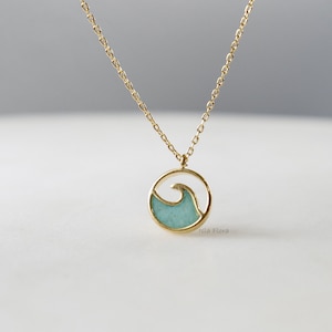 Aqua Turquoise Wave Coin Pendant Necklace, Gold, Cutout Frame, Detailed, Delicate, Minimalist Jewelry, bridesmaid Gift