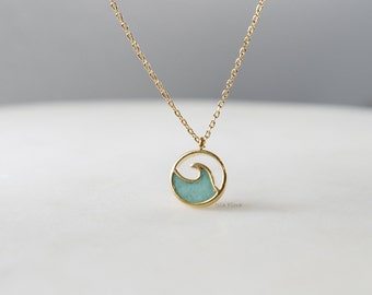 Aqua Turquoise Wave Coin Pendant Necklace, Gold, Cutout Frame, Detailed, Delicate, Minimalist Jewelry, bridesmaid Gift
