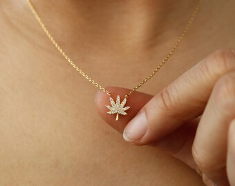 Cubic Studded Hemp Leaf Pendant Necklace, Gold Silver Weed, 420, Marijuana, Dainty, Minimalist Jewelry, bridesmaid, Mothers Day Her Gift