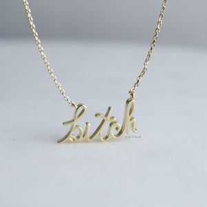 18k Gold Dipped Gentle Lowercase Bitch Cursive Script Necklace, Artistic Society,  Fun, Cosplay, Fine Detail, Minimalist Jewelry, Party Gift