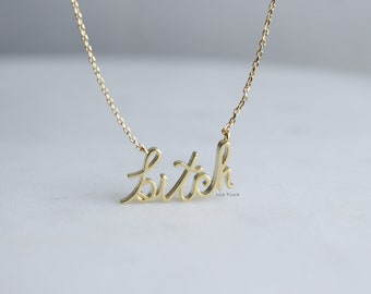 18k Gold Dipped Gentle Lowercase Bitch Cursive Script Necklace, Artistic Society,  Fun, Cosplay, Fine Detail, Minimalist Jewelry, Party Gift