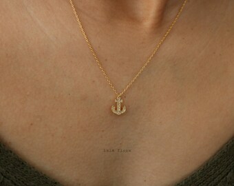 Sailor Charm, Paved Anchor Necklace, Dainty Gold Coastal, Sailboat Nautical, Sea Ocean, Minimalist Boating Jewelry, Bridesmaid Her Gift