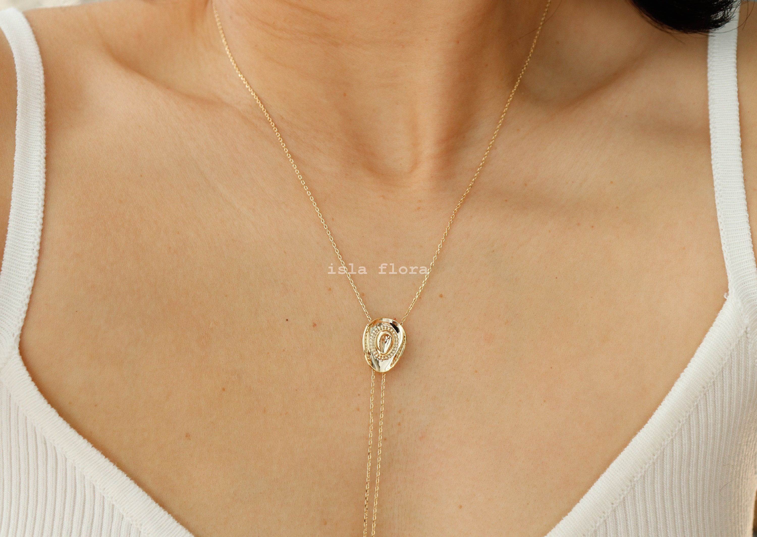 Dainty Cowboy Cowgirl Hat Pendant 29&quot; Bolo Long Chain Necklace, Gold Silver Western, Boots, Country, Minimal Jewelry bridesmaid Her Gift
