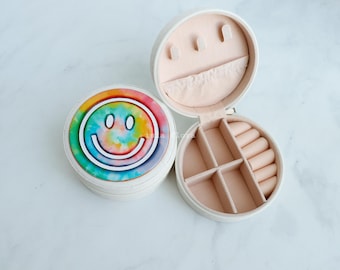Tie Dye Smile Face Jewelry Box, Cute Tooled Vegan Leather Case, Travel Zip Pouch, Perfect Gift for Her, Trinket Keepsake Bag
