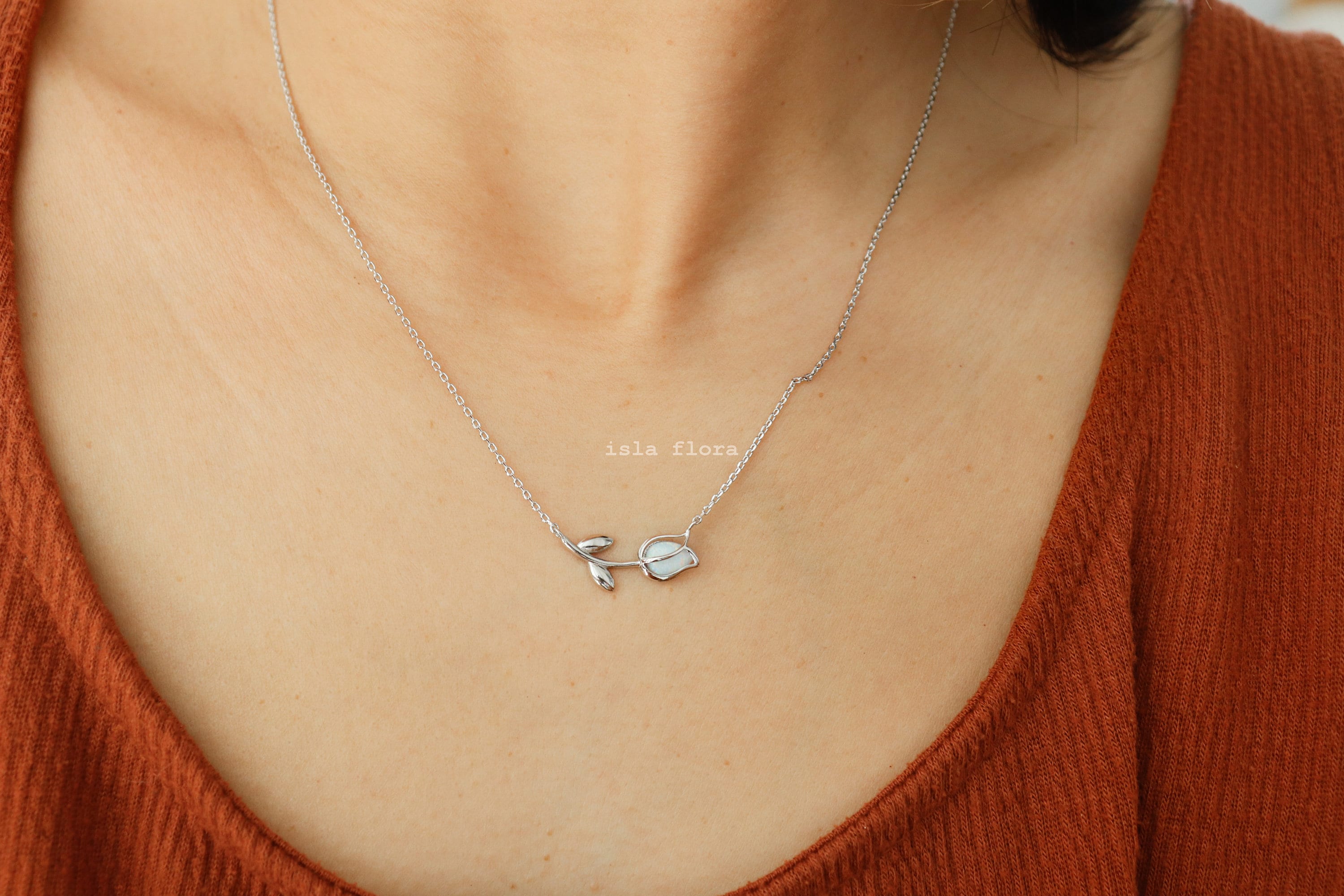 Dainty Encased Opal Tulip Wrap Necklace, Aesthetic, Simple, Gold, Silver Elegant, Minimal Jewelry, bridesmaid, Delicate, Layering Her Gift