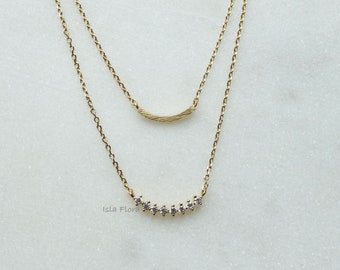 Cubic Studded Curved Bar Double Stack Necklace, Simple Gold Plated, Dainty Minimalist Jewelry, Layering, Bridesmaid Her Graduation Prom Gift