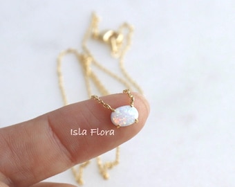 Delicate Tiny Opal Stone Necklace, Dainty Gold Plated Chain, Minimal Aesthetic Fine Jewelry, Bridesmaid Summer, Layering Bestie Gift