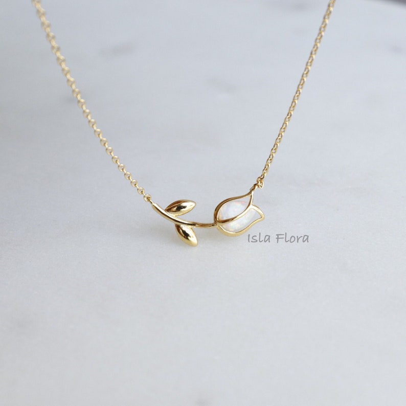 Dainty Encased Opal Tulip Wrap Necklace, Aesthetic, Simple, Gold, Silver Elegant, Minimal Jewelry, bridesmaid, Delicate, Layering Her Gift