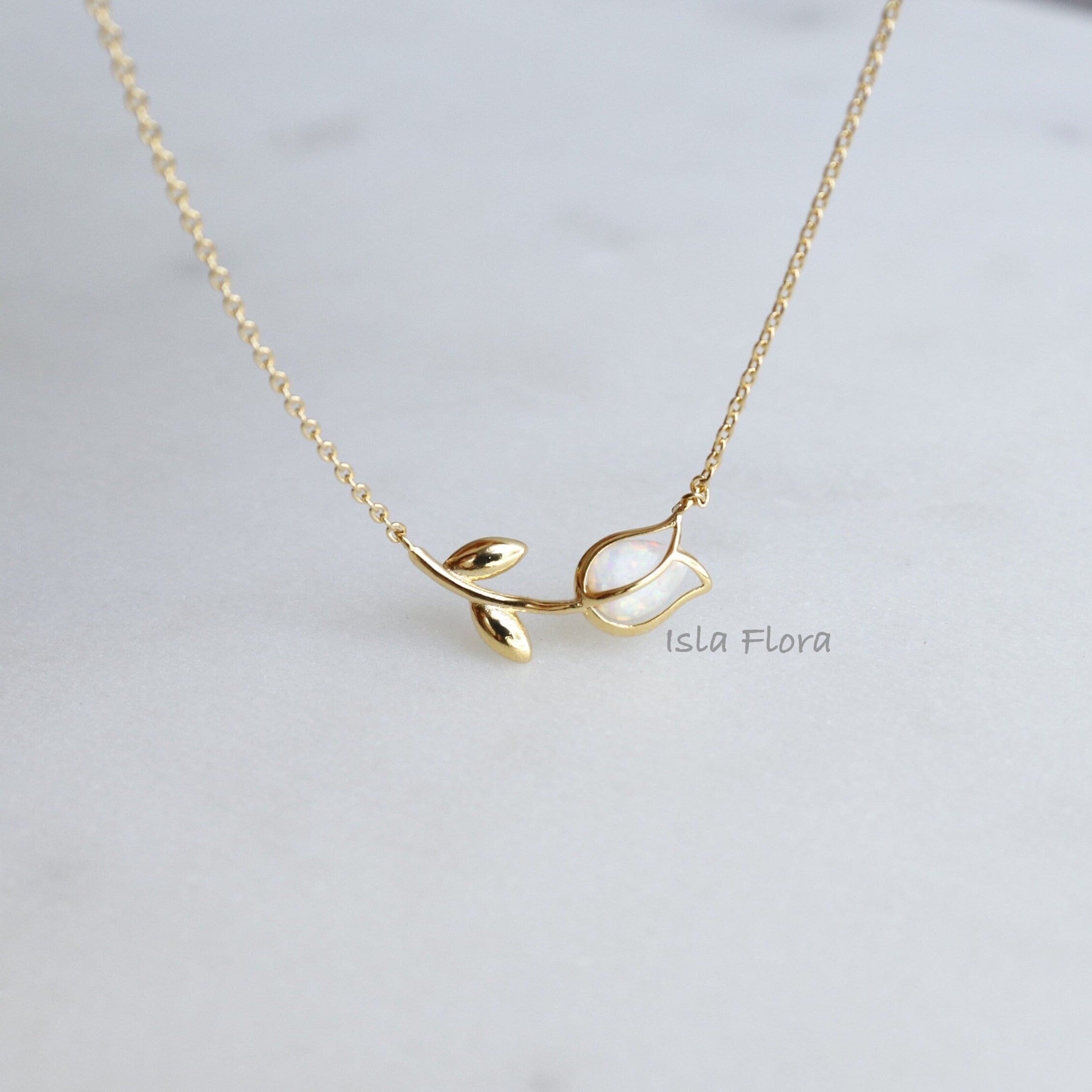 Dainty Encased Opal Tulip Wrap Necklace, Aesthetic, Simple, Gold, Silver Elegant, Minimal Jewelry, bridesmaid, Delicate, Layering Her Gift