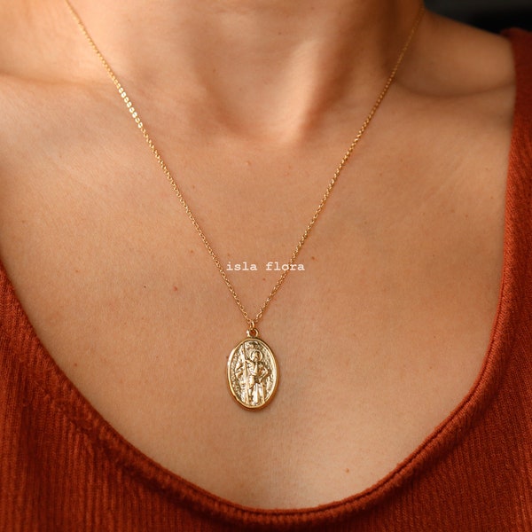 St Joan of Arc Oval Necklace, Gold Dipped Saint Double Sided, Love of Country, Fine Delicate, Minimalist Jewelry, Dainty Bridesmaid Gift