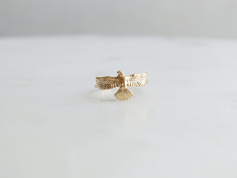 Full Eagle or Hawk Brass Ring, Flying, Delicate Gold Plated, Spread Wings, Fine Detailed, Adjustable, Statement Best Friend, Minimalist Gift