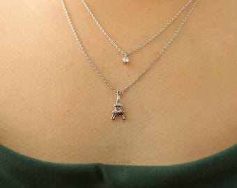 Eiffel Tower Layered Necklace, Single Cubic, Gold Dipped Parisian Charm, Miniature, Minimalist Jewelry Dainty Bridesmaid Her Graduation Gift