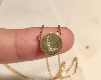 Letter L CZ 18k Gold Dipped Tiny Initial Disc Necklace, Studded ‘L’ Embossed in Brushed Circle Pendant, Dainty Jewelry, Mothers Day Gift