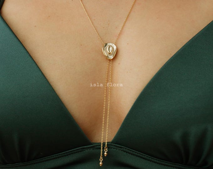 Featured listing image: Dainty Adjustable Cowboy Hat Bolo Long Chain Necklace, Gold Silver Western, Cowgirl Wild, 29", Country, Minimal Jewelry bridesmaid Her Gift