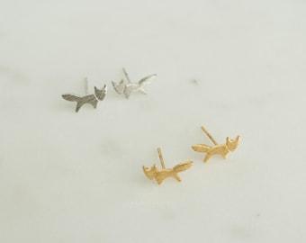Brushed Simple Tiny Fox Studs, Coyote Earrings, Dainty Fox Charm, Wolf Jewelry, Gold, Silver Delicate, Minimalist, Bridesmaid, Her Gift