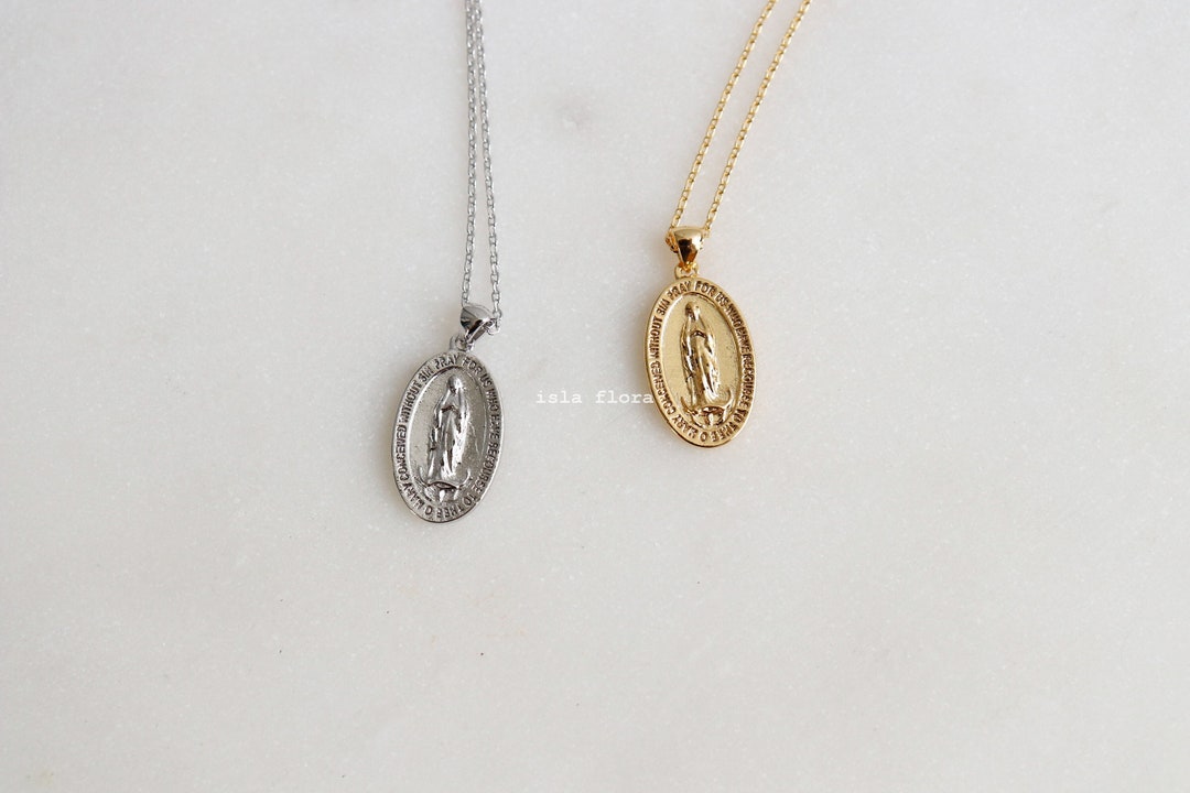 Divine Mary Oval Necklace, Gold Dipped Saint Medal, Silver Virgin Mary ...