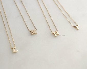 Dainty Letter Initial Necklace 18k Gold Dipped Brushed Tiny L M N P Block Pendant, Personal Jewelry, Cute Bridesmaid Best Friend Gift