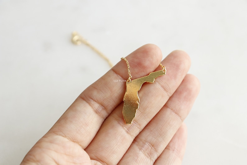 May include: Gold necklace featuring a pendant shaped like the state of Florida.
