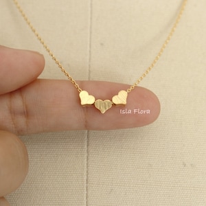 Mini Triple Heart Necklace, Gold Plated Brushed Look, Small Block Hearts, Dainty Jewelry, bridesmaid Mothers Day, Girlfriend Gift