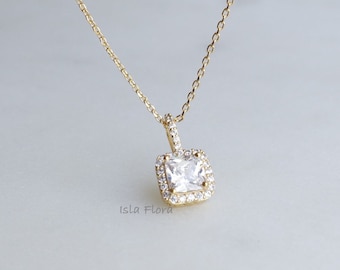 18k Gold Dipped Stunning Square Crystal Pendant Necklace, CZ Pave Wrap, Minimalist Jewelry, bridesmaid, Delicate Layering Best Friend Gift