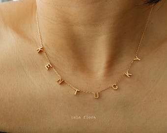 Brushed Kentucky State Dainty Letter Station Necklace, Bluegrass State Pride, Fine Delicate, Minimalist Jewelry Micro Letters Charm Her Gift
