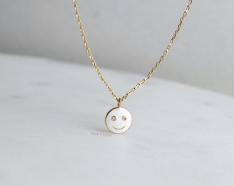 Dainty Happy Face Charm Necklace, CZ Eyes Tiny Smile Enamel Minimalist Jewelry, Y2K, bridesmaid, Smiles Forever Graduation, Bestie Gift Her