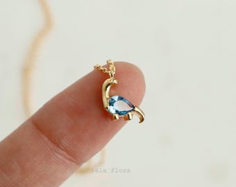 Dainty Brachiosaurus 'Vegetarian' Dinosaur Pendant Necklace Sky Blue Rhinestone Detail, Small Charm, Minimalist Jewelry, bridesmaid Her Gift